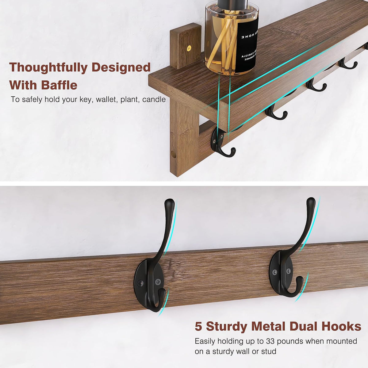Coat Rack Wall Mounted Shelf 74cm Bamboo 5 Double Hooks Storage Walnut SMIBUY