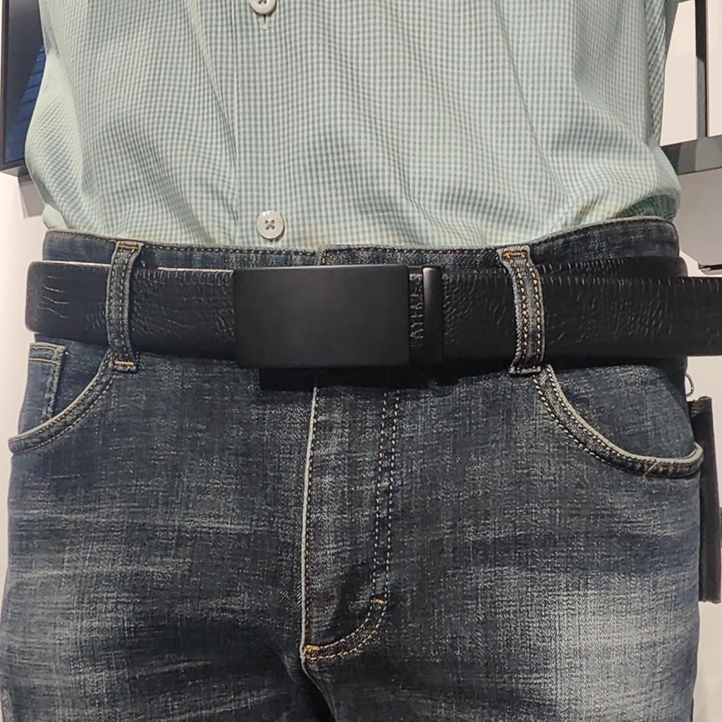Men's Adjustable Leather Belt Strap & Zinc Alloy Automatic Ratchet Buckle, Customizable for Business Casual & Formal Wear