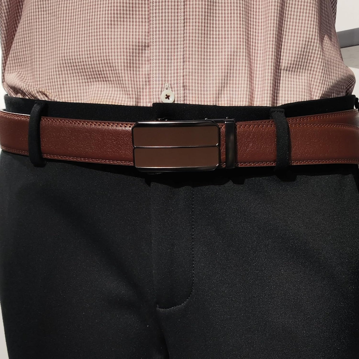 Men's Adjustable Leather Belt Strap & Zinc Alloy Automatic Ratchet Buckle, Customizable for Business Casual & Formal Wear