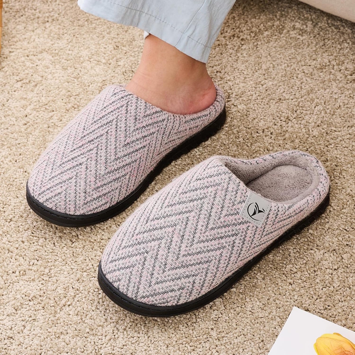 Mens Memory Foam Slippers Knitted Lining Non-Slip Indoor Outdoor Slippers