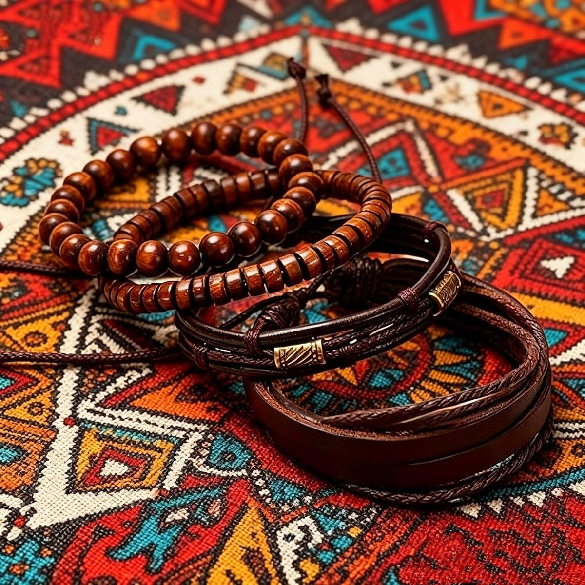 Braided Leather And Wood Bead Bracelet Set for Men Women ，Beads Cuff Bracelet Hemp Cords Ethnic Tribal，Wristband Stackable Bracelets Set Adjustable，Fashion Jewelry， Daily Wear And Party, Gift for He