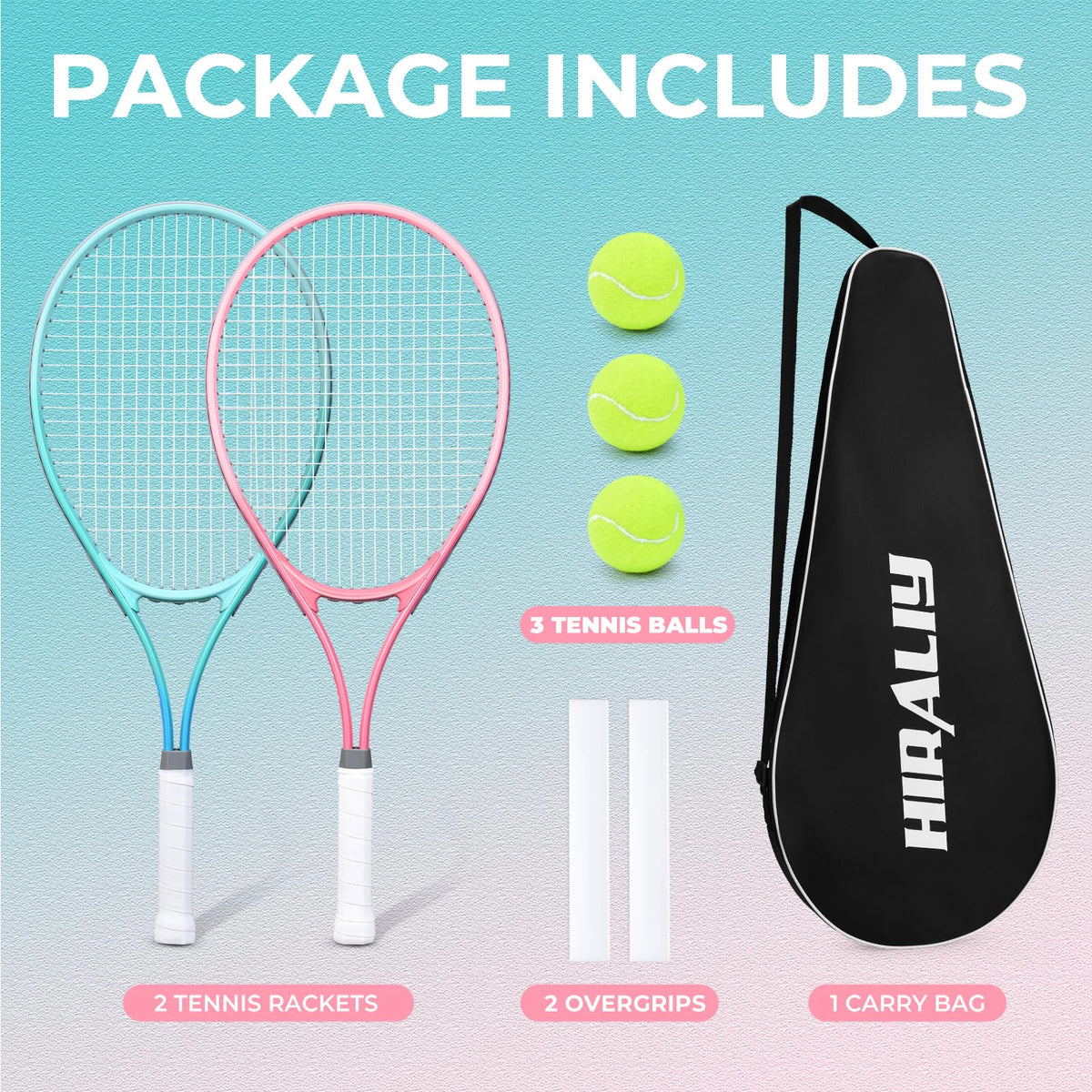 HIRALIY 27" Tennis Rackets Set of 2, 3 Tennis Balls, 2 Tennis Racquets, 2 Overgrip Tapes and 1 Carrying Bag Outdoor Recreational Sport Game