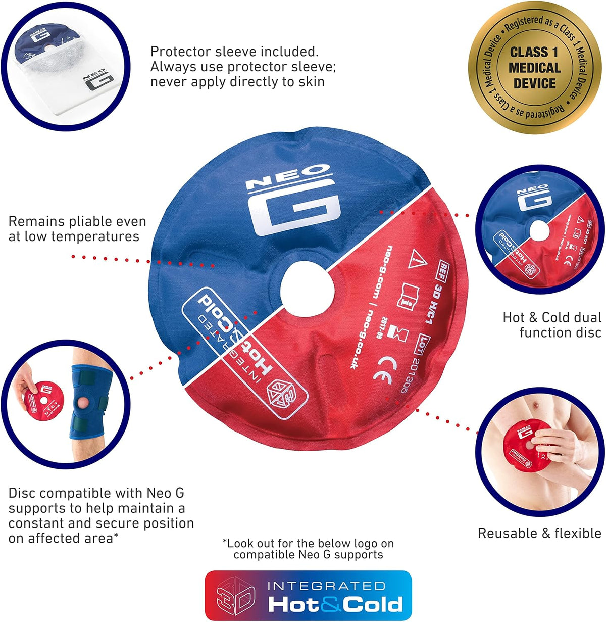 Neo G Hot and Cold Therapy Disc – Reusable Heat Pack Ice Pack for Injuries, Muscle Inflammation, Joint Pain, Swelling, Sprains – Flexible & Dual Function - Class 1 Medical Device - 1 Disc - Blue/Red