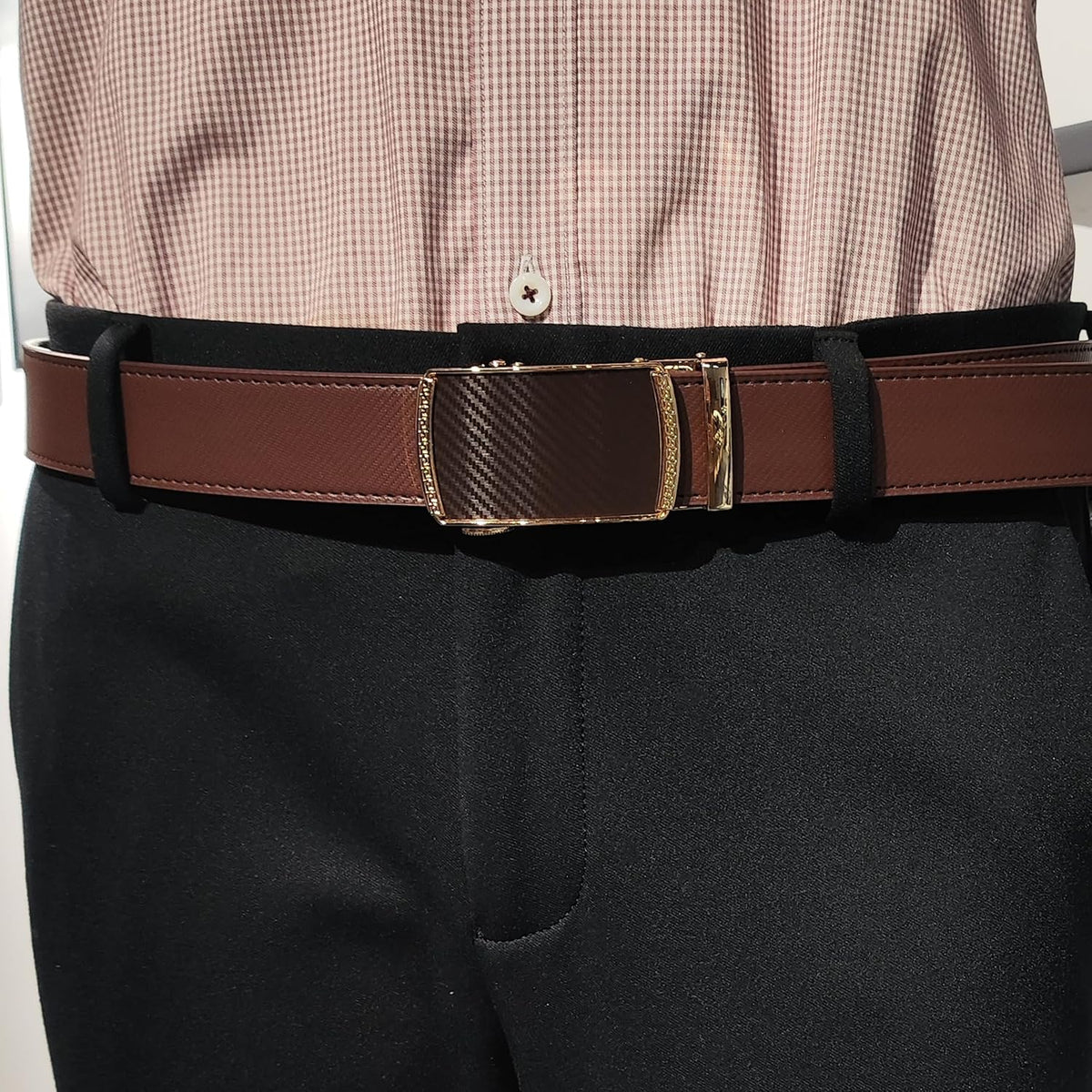 Men's Adjustable Leather Belt Strap & Zinc Alloy Automatic Ratchet Buckle, Customizable for Business Casual & Formal Wear