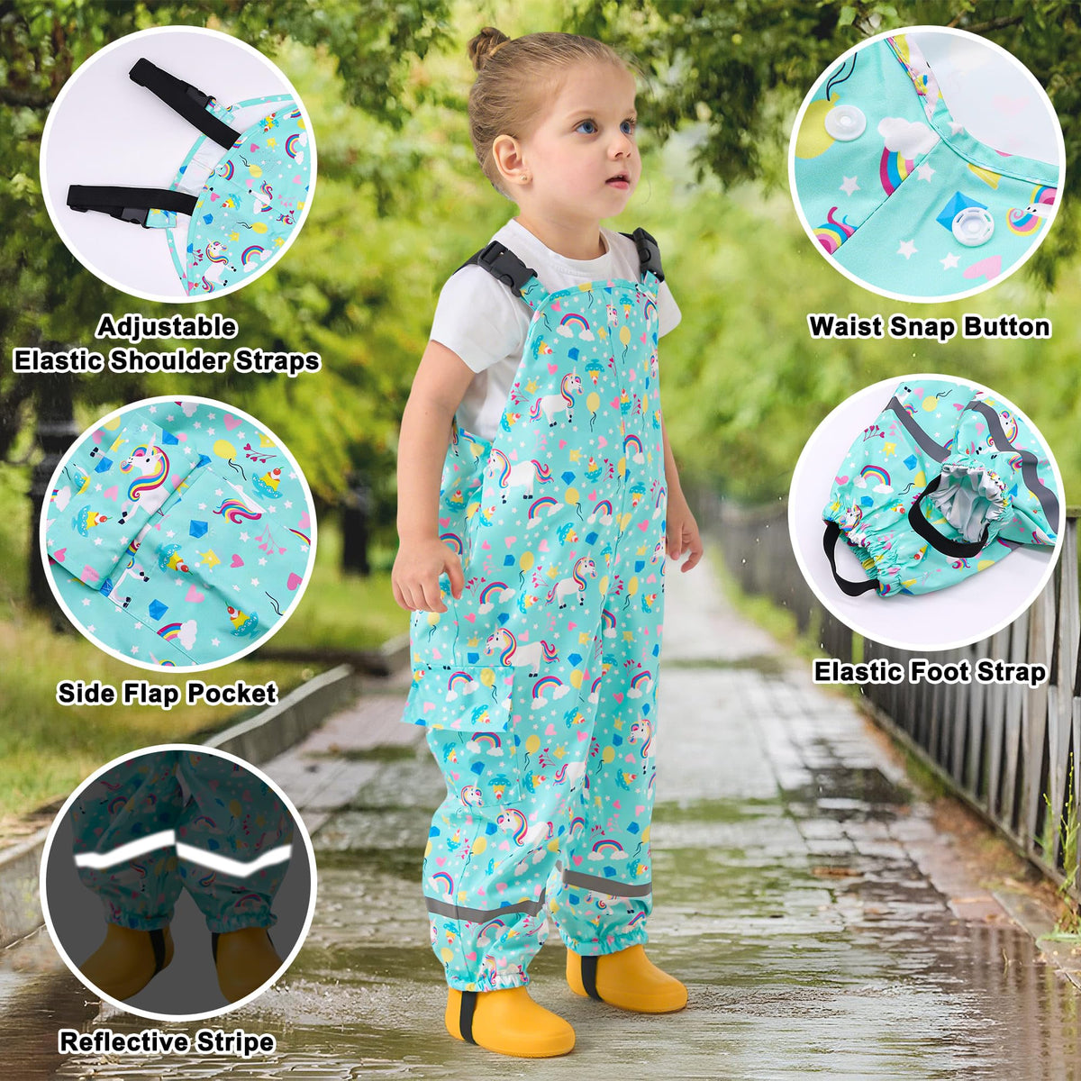 Kids Waterproof Trousers Boys Girls Rain Dungarees, 2-7 Years