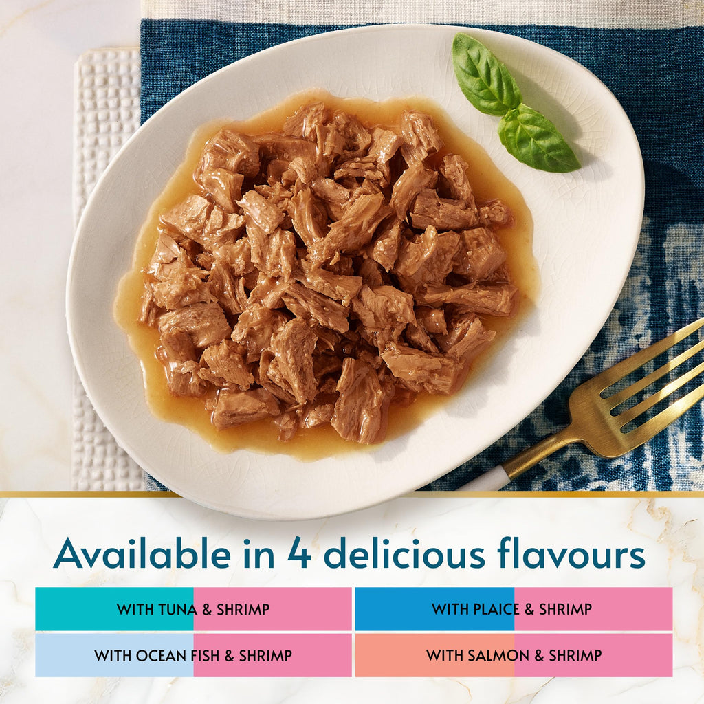 GOURMET Perle Ocean Collection Adult Wet Cat Food Mini Fillets in Gravy Tuna, Shrimp, Plaice, Salmon, White fish, Ocean Fish 40 x 85g Pouches