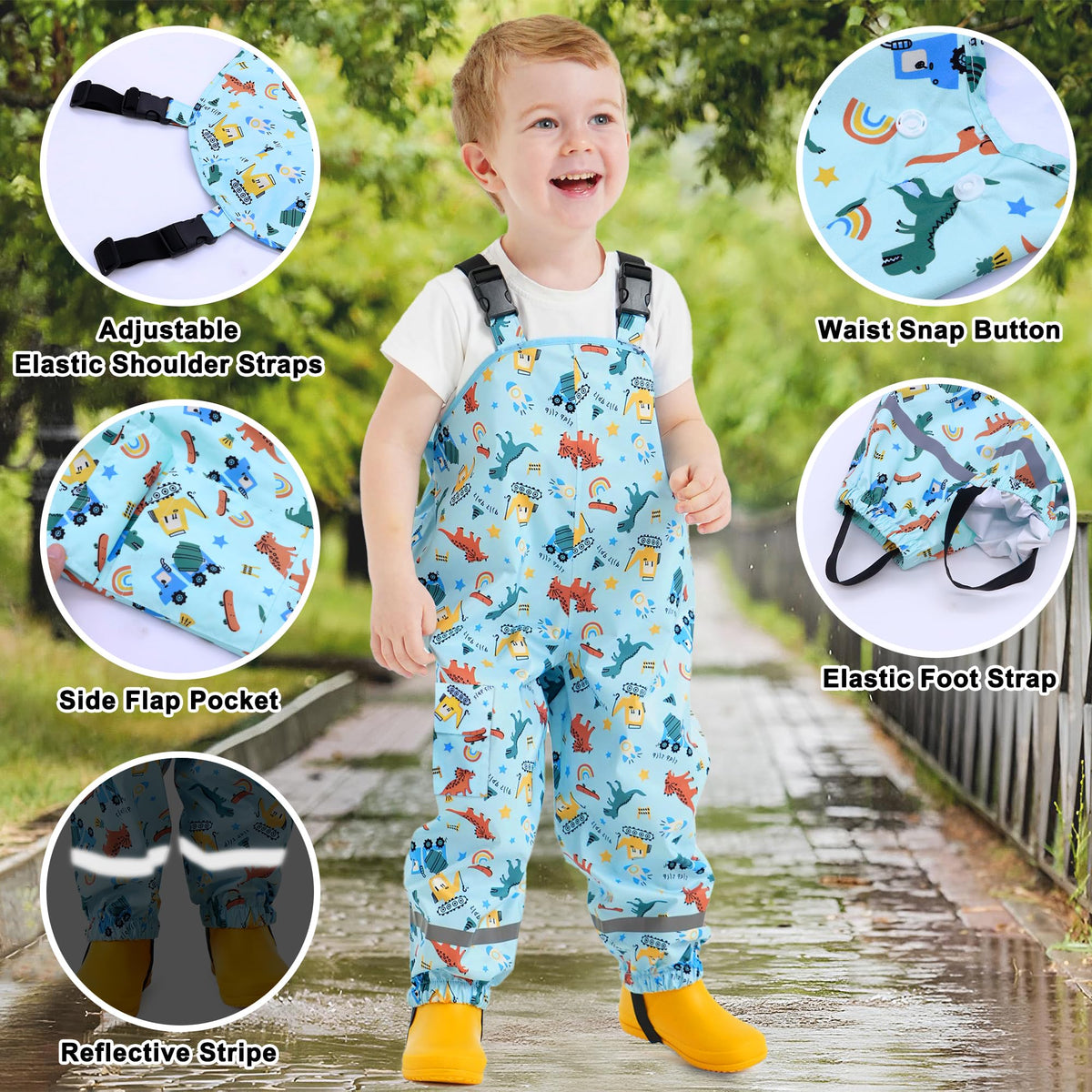 Kids Waterproof Trousers Boys Girls Rain Dungarees, 2-7 Years