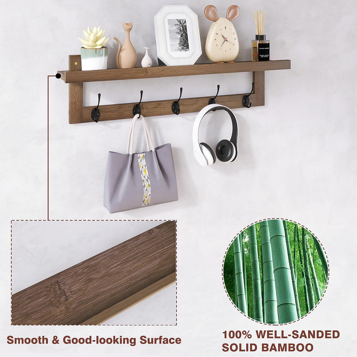 Coat Rack Wall Mounted Shelf 74cm Bamboo 5 Double Hooks Storage Walnut SMIBUY