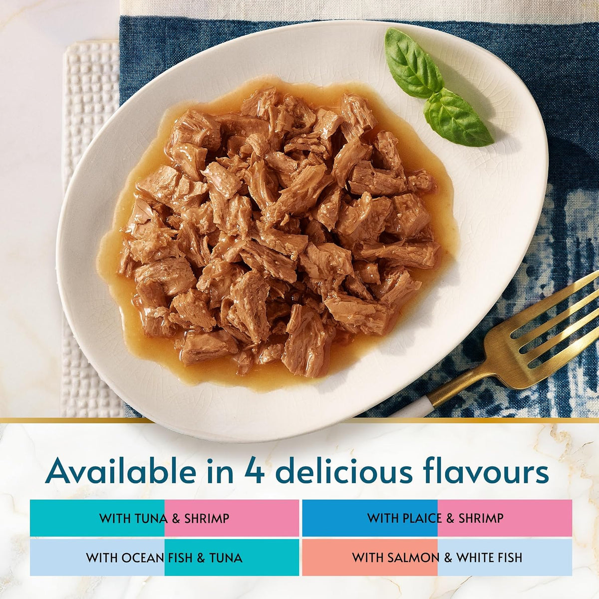 GOURMET Perle Ocean Collection Adult Wet Cat Food Mini Fillets in Gravy Tuna, Shrimp, Plaice, Salmon, White fish, Ocean Fish 40 x 85g Pouches