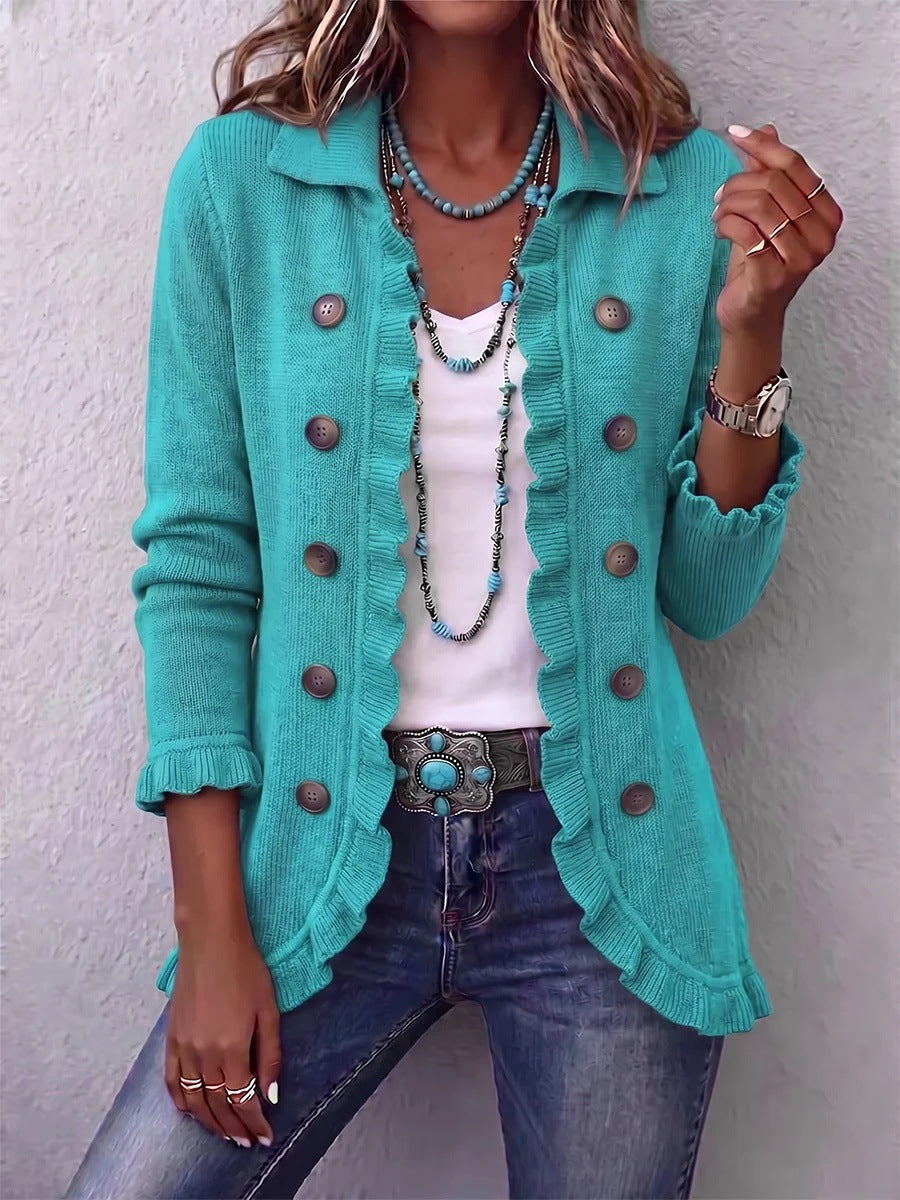 Women's Ruffle Knit Cardigan - Button-Front Long-Sleeve Sweater Jacket for Spring and Autumn