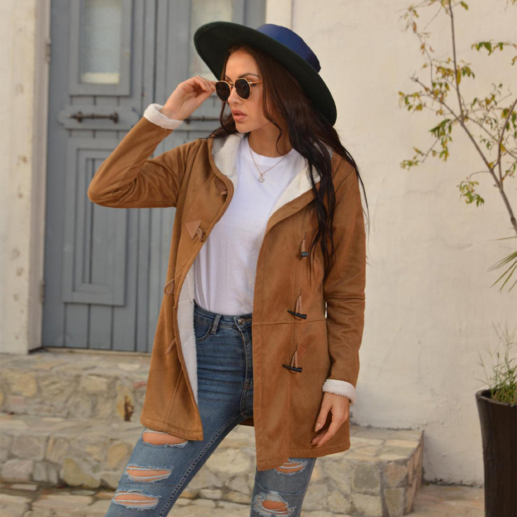 Women's Vintage Fleece Hooded Coat - Warm Button Mid-Length Winter Jacket