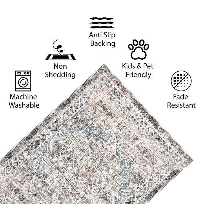 Washable Area Rug 170x240cm Moroccan Boho Traditional Beige Grey Vernal