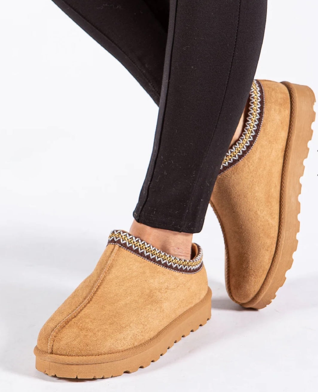 Faux Suede Embroider Aztec Detail Cozy Fluffy Slipper Boots