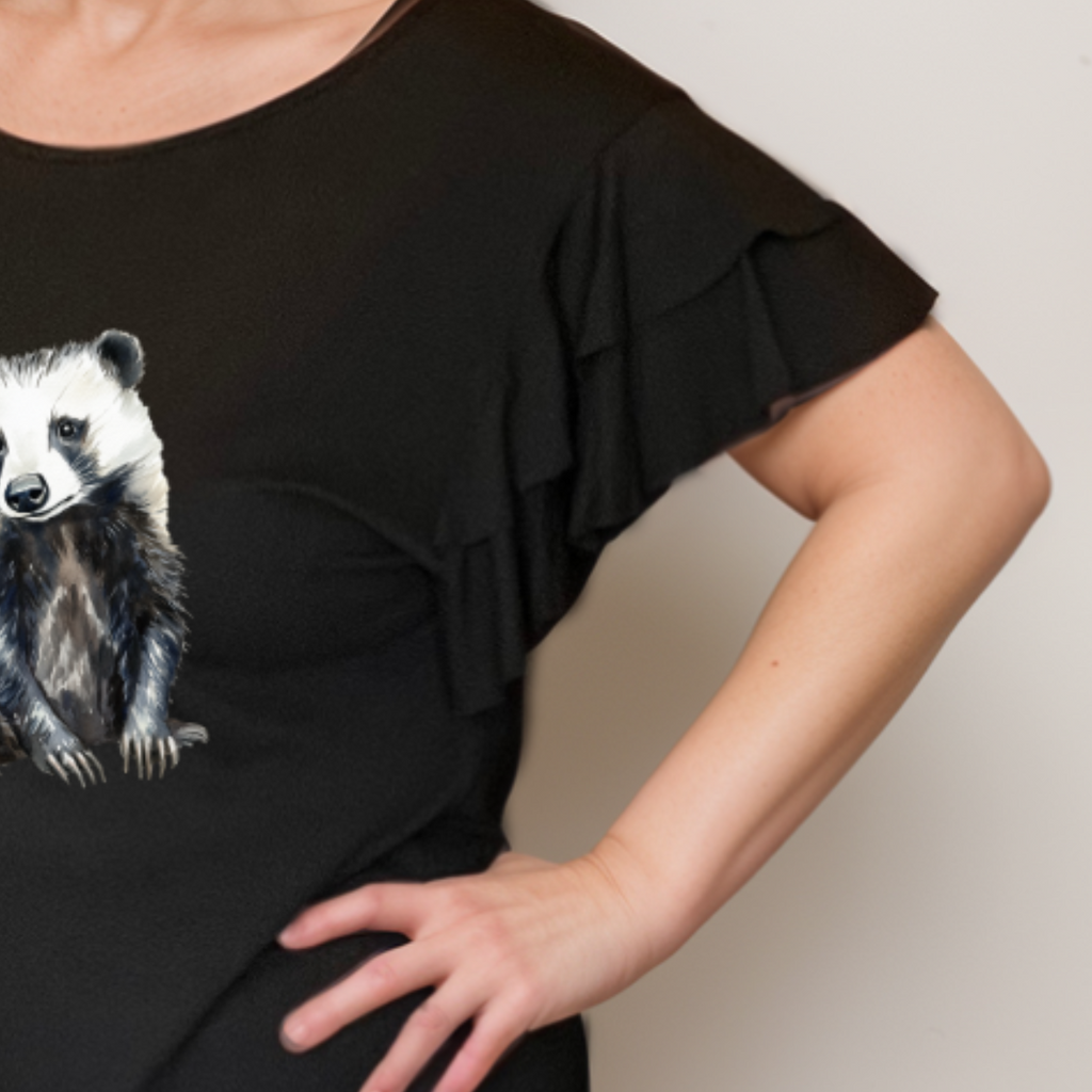 Plus‑Size Black Loose Fitting Top with Badger & Frilled Sleeves
