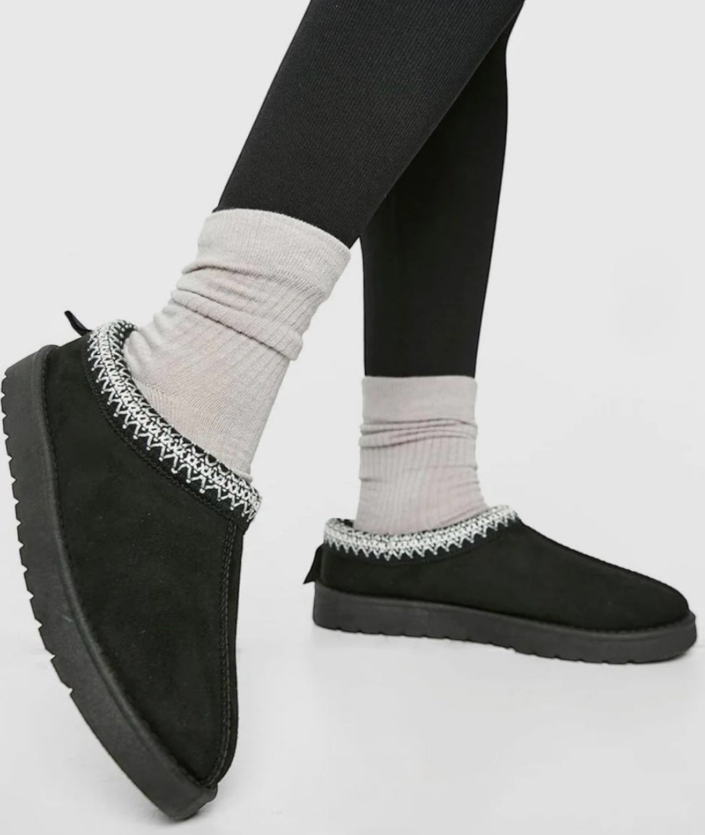 Faux Suede Embroider Aztec Detail Cozy Fluffy Slipper Boots
