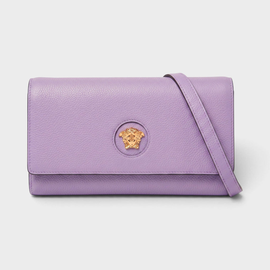 Medusa Leather Long Wallet On Strap Bag Gold Lilac Purple