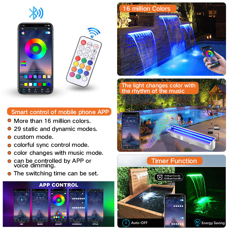 Pool Waterfall Fountain with LED Light Stainless Steel Rectangular Spa Cascade