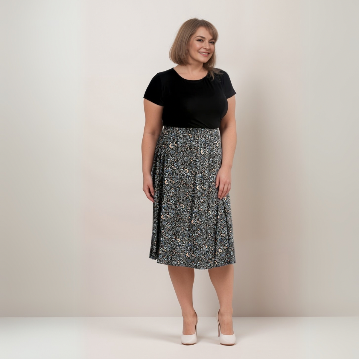 Plus‑Size Black Calf‑Length Skirt with Pink & Cream Flowers