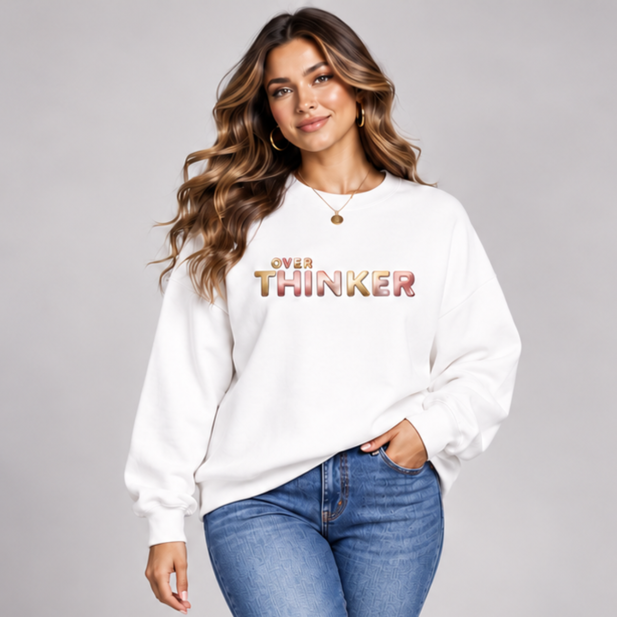 Long Cotton Sweatshirt with “Over Thinker” Logo