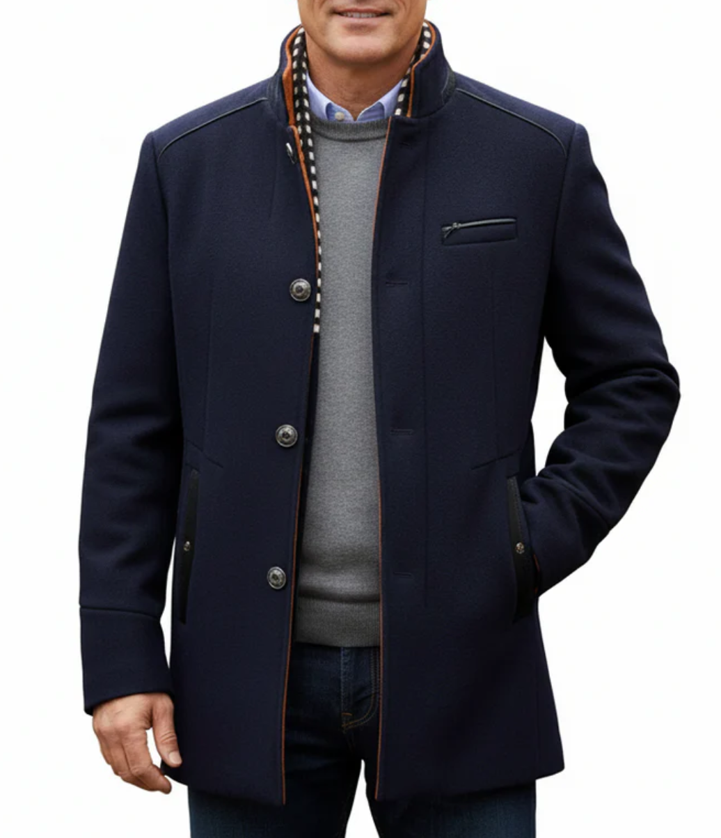 Mens Wool Coat Winter Overcoat Stand Collar Scarf Navy Blue Size M Biutimarden
