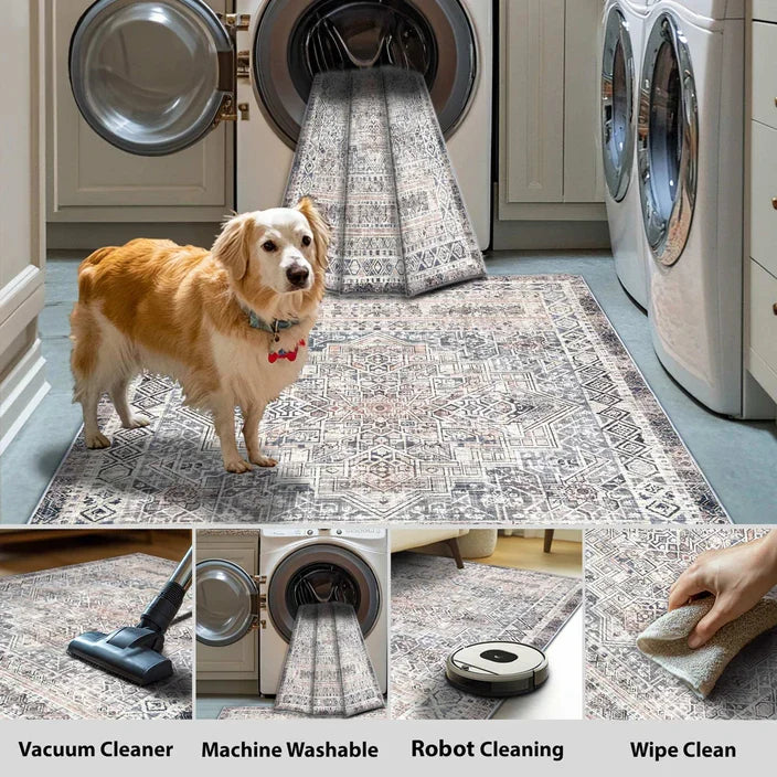 Washable Area Rug 170x240cm Moroccan Boho Traditional Beige Grey Vernal