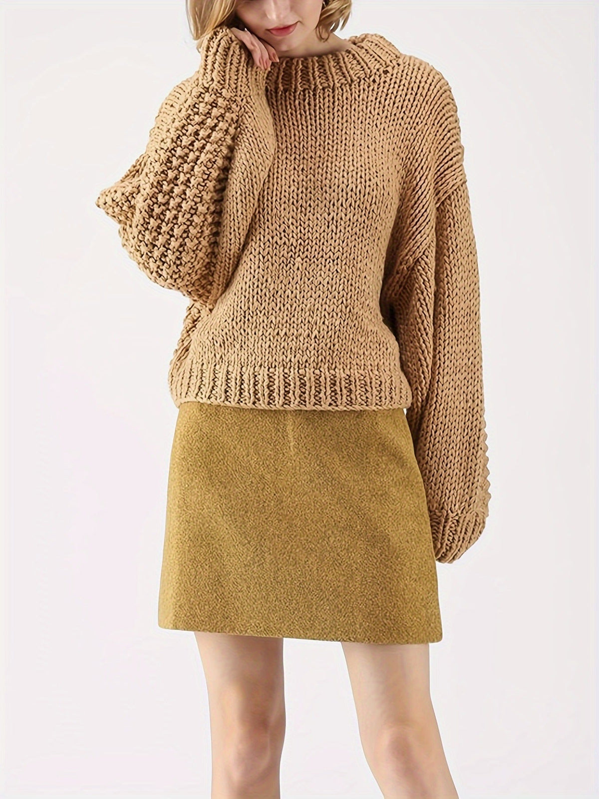 European and American Export Yellow Retro Style Thick Knitted Round Neck Sweater Women's Loose Lantern Sleeve Lazy Autumn and Winter Pullover Top