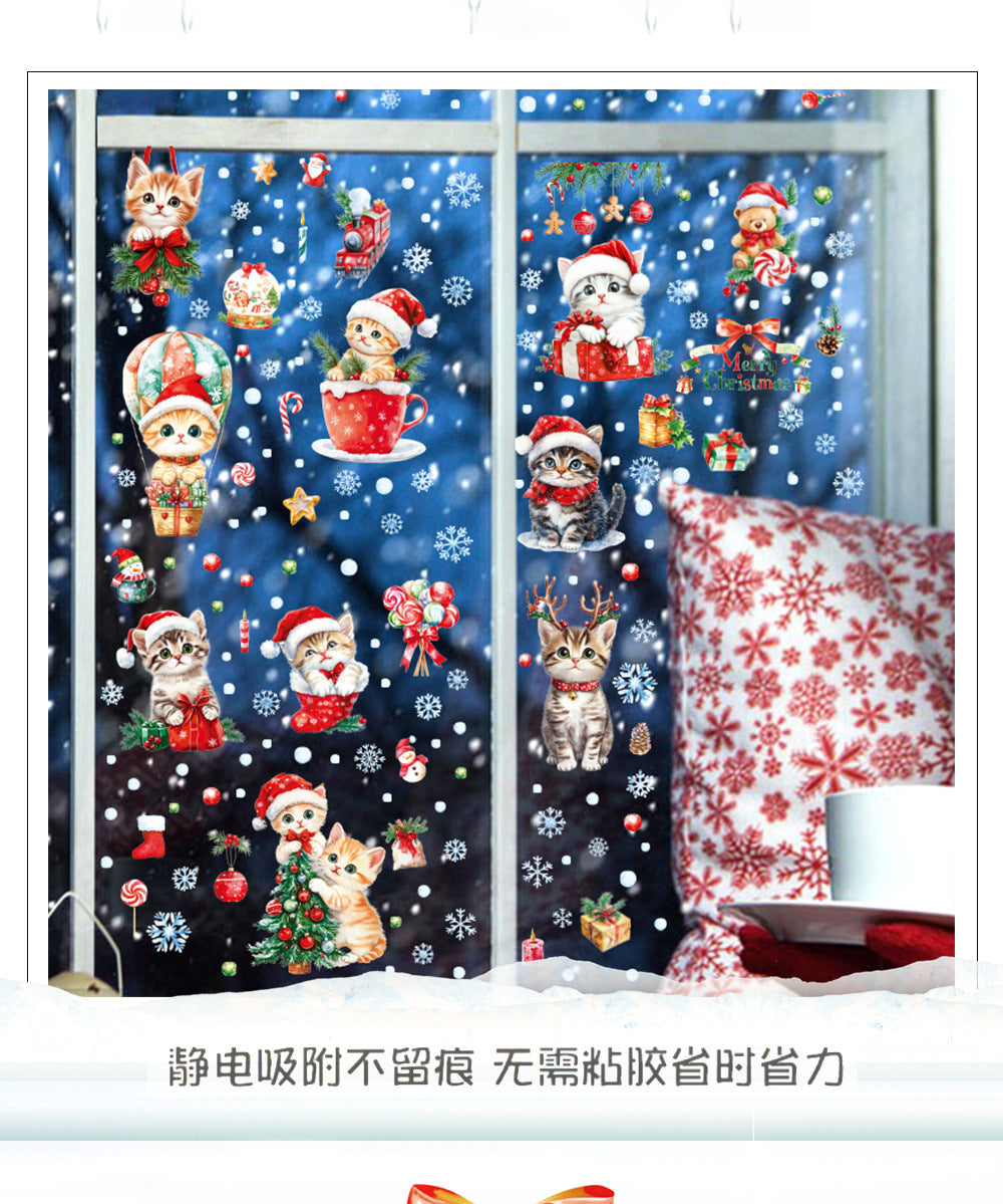 Cross-border New Cute Christmas Cat Balloon Gift Snowflake Glass Stickers Christmas Shopping Mall Glass Door Decorative Stickers