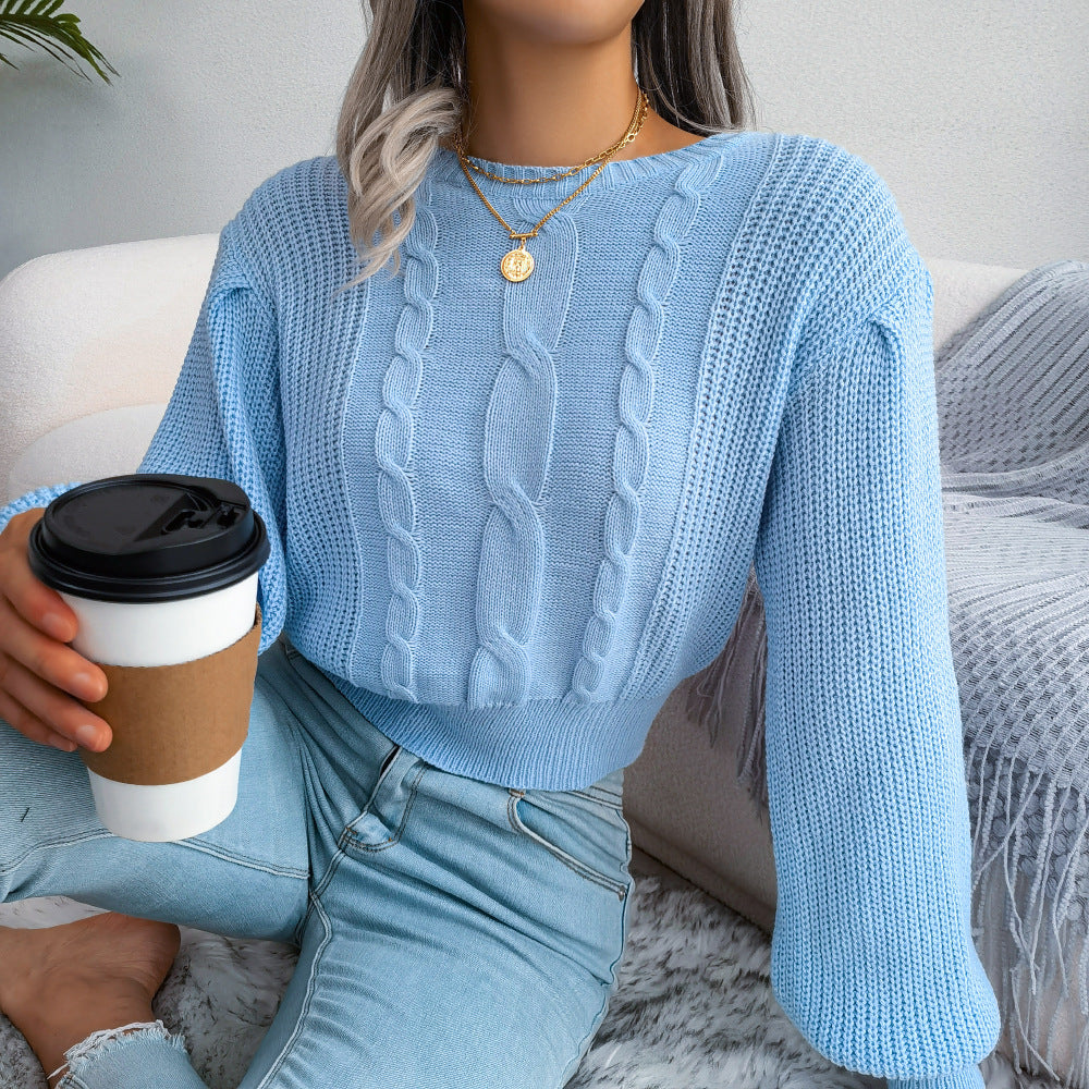ins Style Real Shot Autumn and Winter European and American Leisure Twist Lantern Sleeve Waist Knitted Sweater Amazon Cross-border Women's Wear