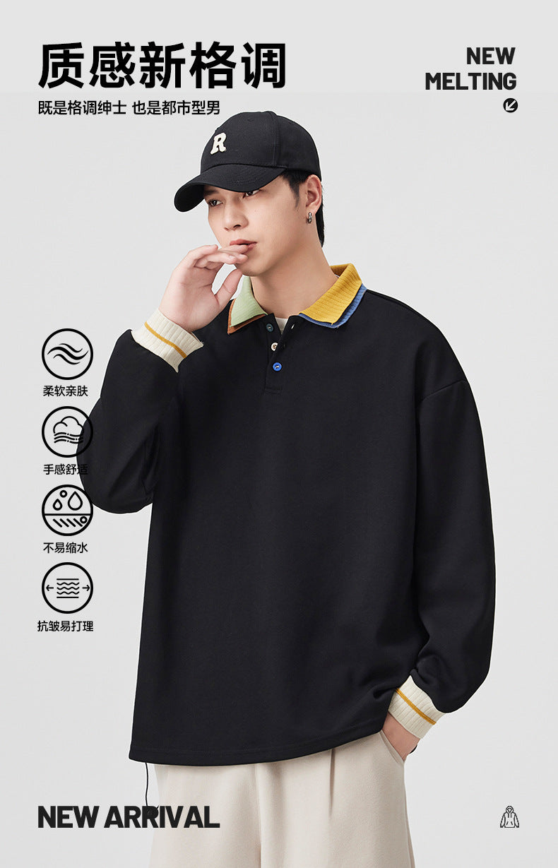 Casual Retro Contrast Color Lapel 280g Sweatshirt High-End Polo Collar Top Trendy Loose Couple Autumn Sweatshirt