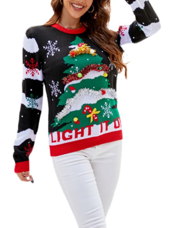 Amazon European and American Long-Sleeved Christmas New Knitted Tops 2025 Autumn and Winter Christmas Tree Round Neck Pullover Sweater for Women
