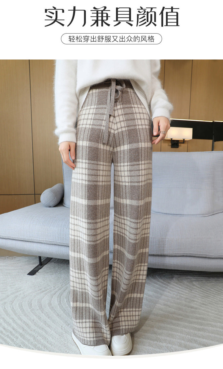 24 Autumn and Winter New High Waist All-match Casual Wide-leg Pants Women's Straight Loose Plaid Trousers 100 Wool Thickened