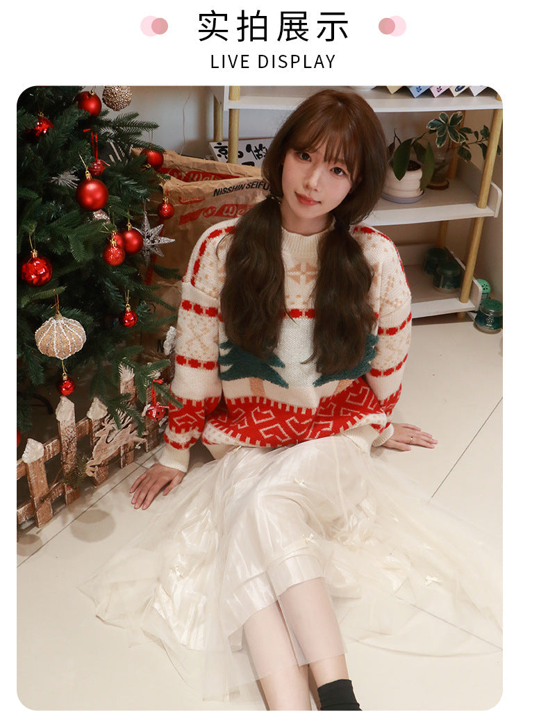 Autumn and Winter Christmas Sweater New Jacquard Knitted Sweater Cartoon Christmas Pattern Lazy Style Round Neck Pullover Long Shirt