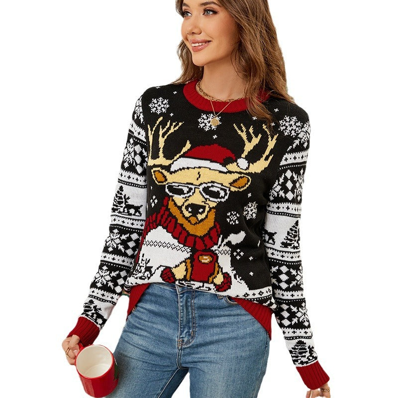 Cross-Border Export Women's Christmas Elk Jacquard Knitted Sweater Top 2025 Autumn and Winter New Pullover Christmas Sweater