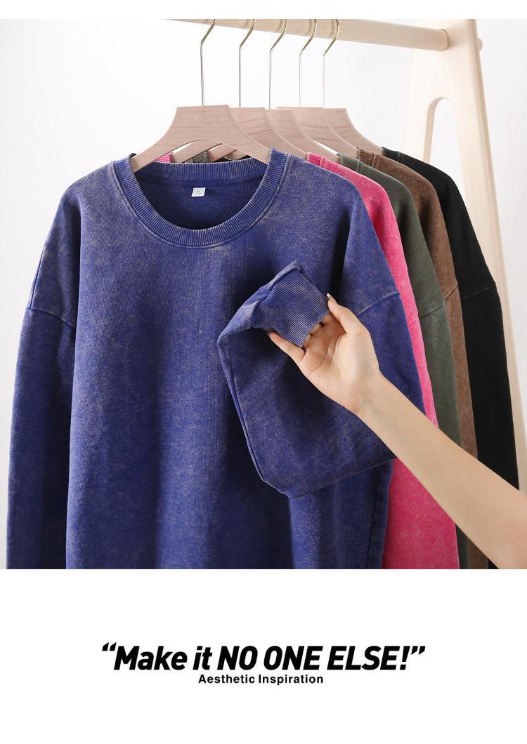 Trendy Brand Heavyweight Pure Cotton Terry 400g Washed Distressed Crew Neck Sweatshirt Hoodie Retro Sweatshirt with Printed Logo