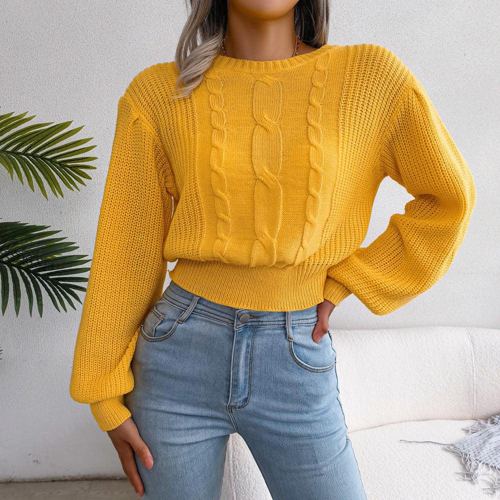 ins Style Real Shot Autumn and Winter European and American Leisure Twist Lantern Sleeve Waist Knitted Sweater Amazon Cross-border Women's Wear