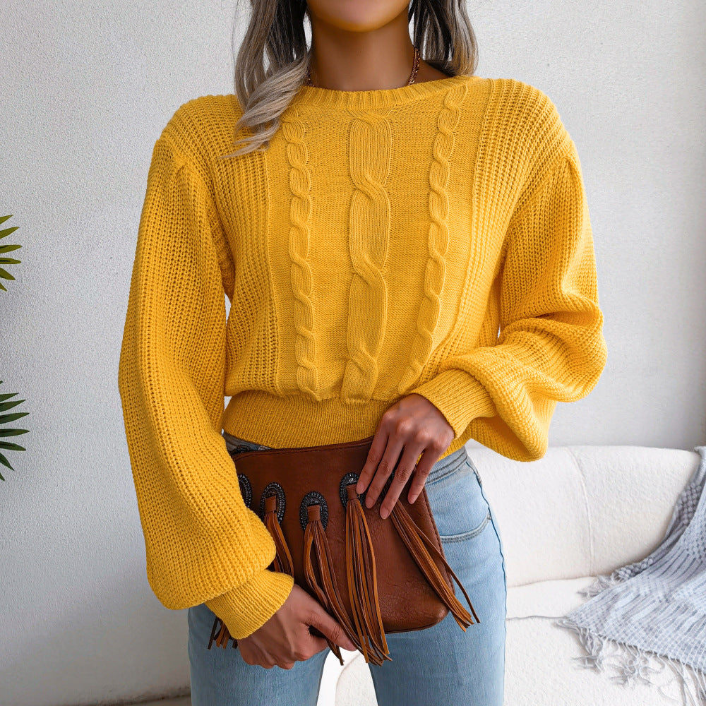 ins Style Real Shot Autumn and Winter European and American Leisure Twist Lantern Sleeve Waist Knitted Sweater Amazon Cross-border Women's Wear
