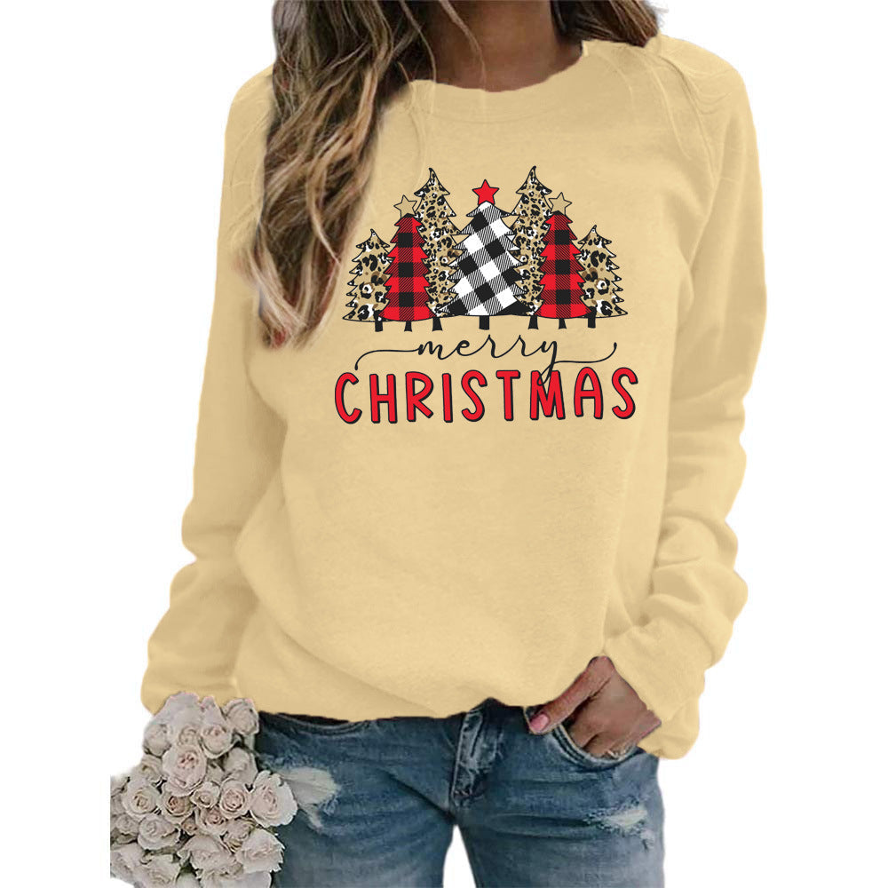 Plaid Christmas Tree merry Christmas Printed Round Neck Sweat European and American Women's Autumn and Winter Top Cross Border