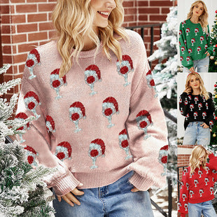 Cross-Border Export Women's Christmas Elk Jacquard Knitted Sweater Top 2025 Autumn and Winter New Pullover Christmas Sweater