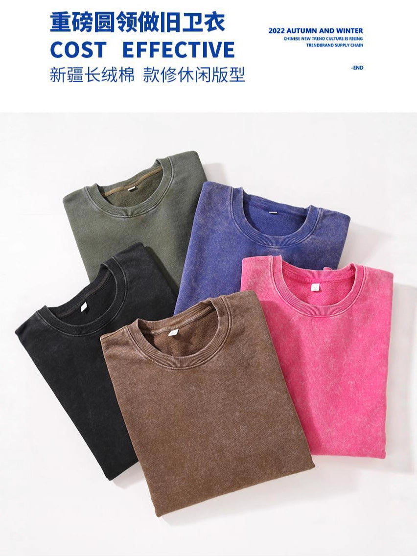 Trendy Brand Heavyweight Pure Cotton Terry 400g Washed Distressed Crew Neck Sweatshirt Hoodie Retro Sweatshirt with Printed Logo