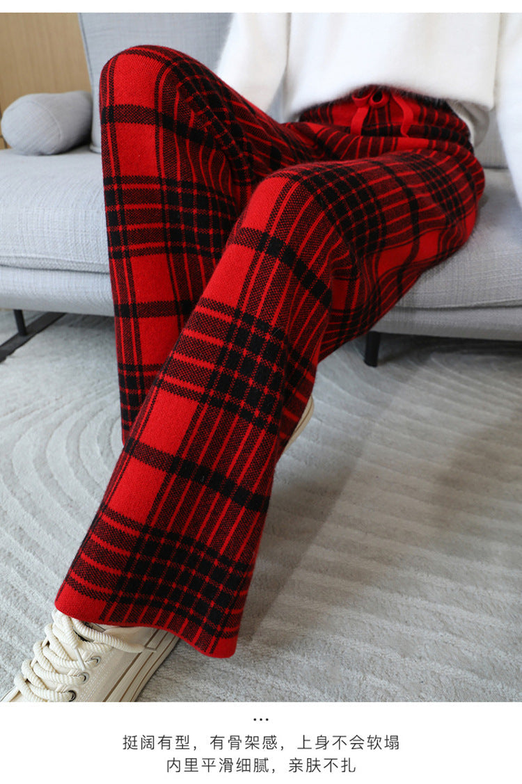 24 Autumn and Winter New High Waist All-match Casual Wide-leg Pants Women's Straight Loose Plaid Trousers 100 Wool Thickened