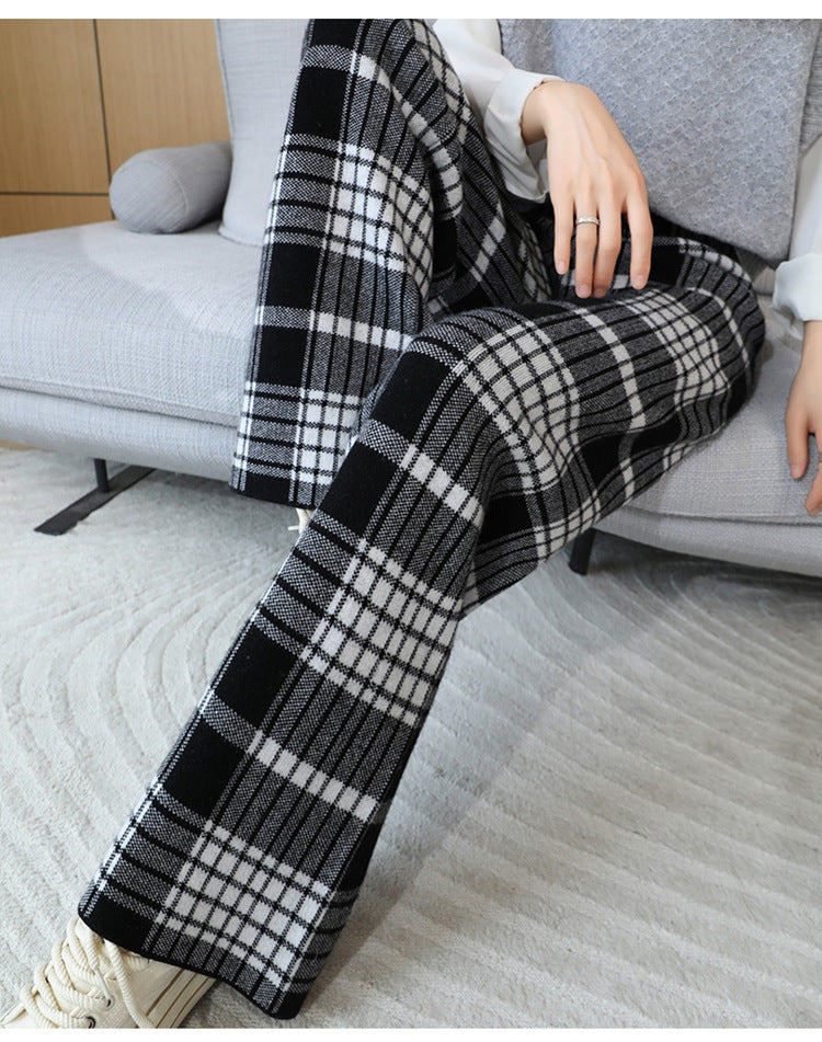 24 Autumn and Winter New High Waist All-match Casual Wide-leg Pants Women's Straight Loose Plaid Trousers 100 Wool Thickened