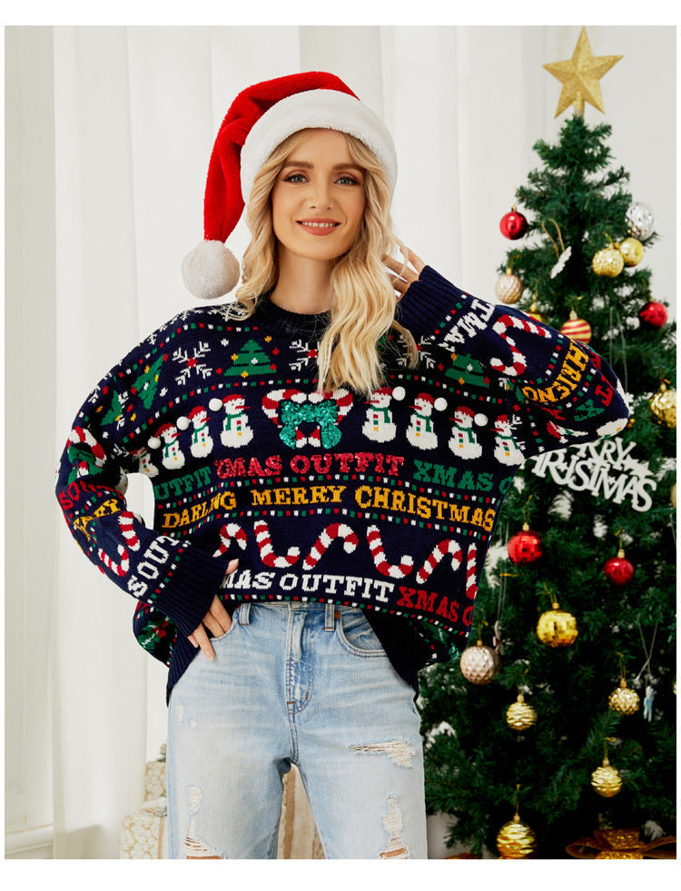 Foreign Trade Amazon Europe and America Loose Knitwear Autumn and Winter Christmas Tree Crewneck Sweater Snowman Sequins Christmas Sweater