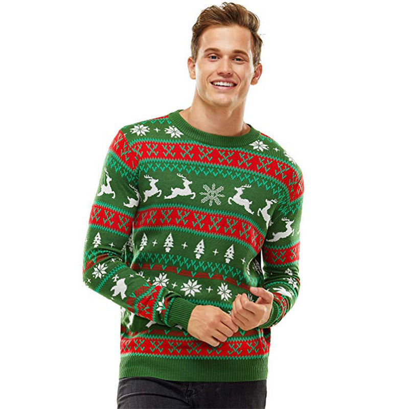 2025 Autumn and Winter European and American Christmas Pullover Jacquard Sweater Christmas Elk Snowflake Element Round Neck Knitted Couple Outfit