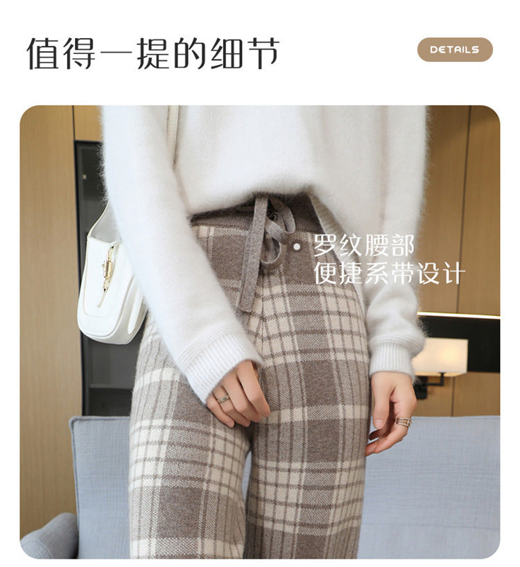 24 Autumn and Winter New High Waist All-match Casual Wide-leg Pants Women's Straight Loose Plaid Trousers 100 Wool Thickened