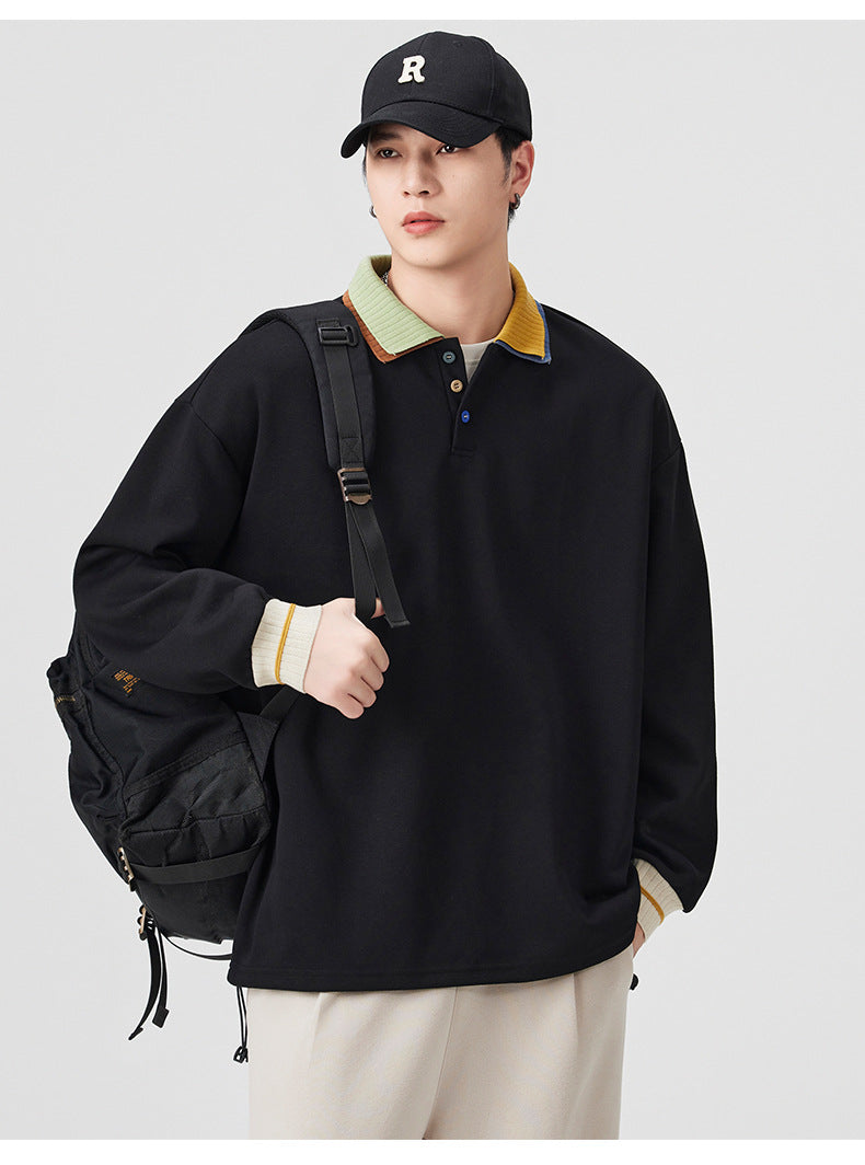 Casual Retro Contrast Color Lapel 280g Sweatshirt High-End Polo Collar Top Trendy Loose Couple Autumn Sweatshirt