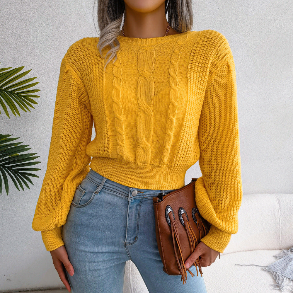 ins Style Real Shot Autumn and Winter European and American Leisure Twist Lantern Sleeve Waist Knitted Sweater Amazon Cross-border Women's Wear
