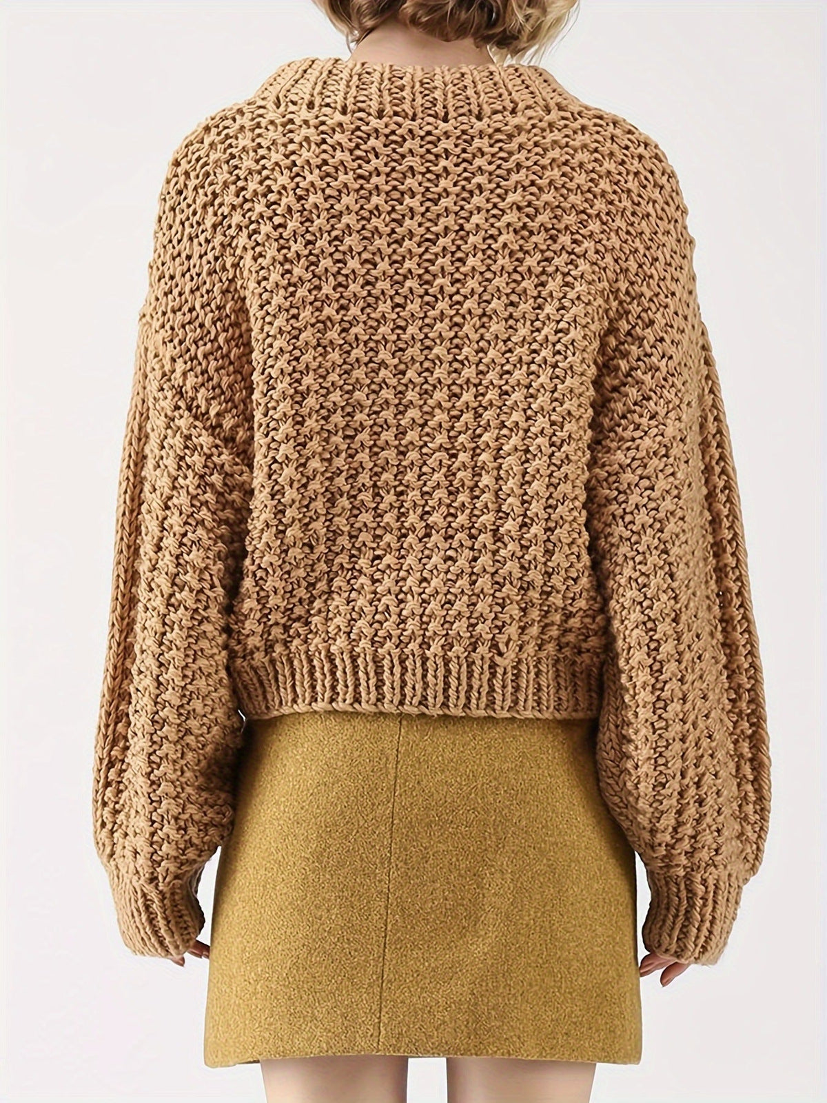 European and American Export Yellow Retro Style Thick Knitted Round Neck Sweater Women's Loose Lantern Sleeve Lazy Autumn and Winter Pullover Top