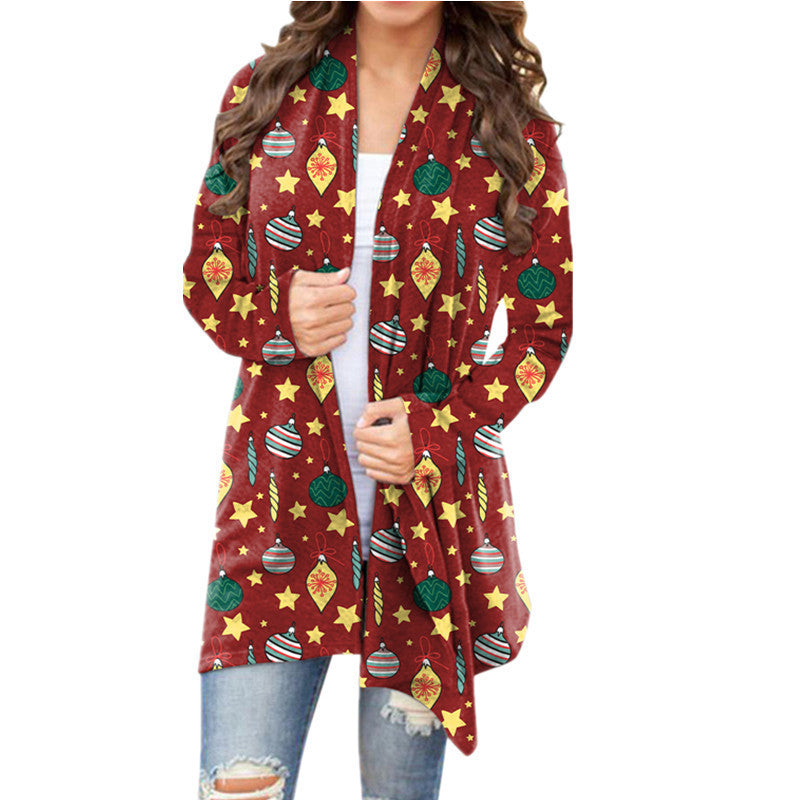 European and American cross-border 2021 autumn and winter New Amazon wish women's clothing Christmas printed casual long-sleeved cardigan for women
