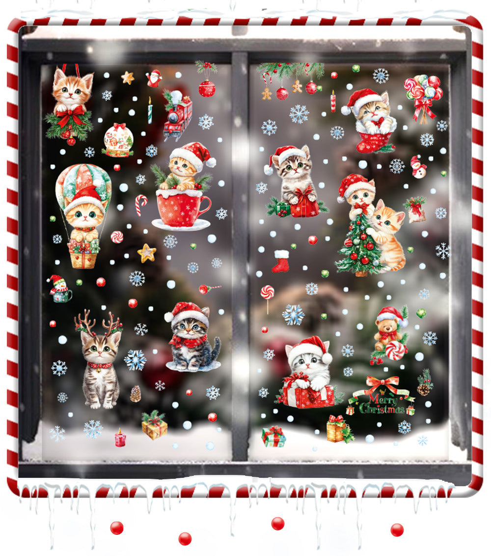 Cross-border New Cute Christmas Cat Balloon Gift Snowflake Glass Stickers Christmas Shopping Mall Glass Door Decorative Stickers