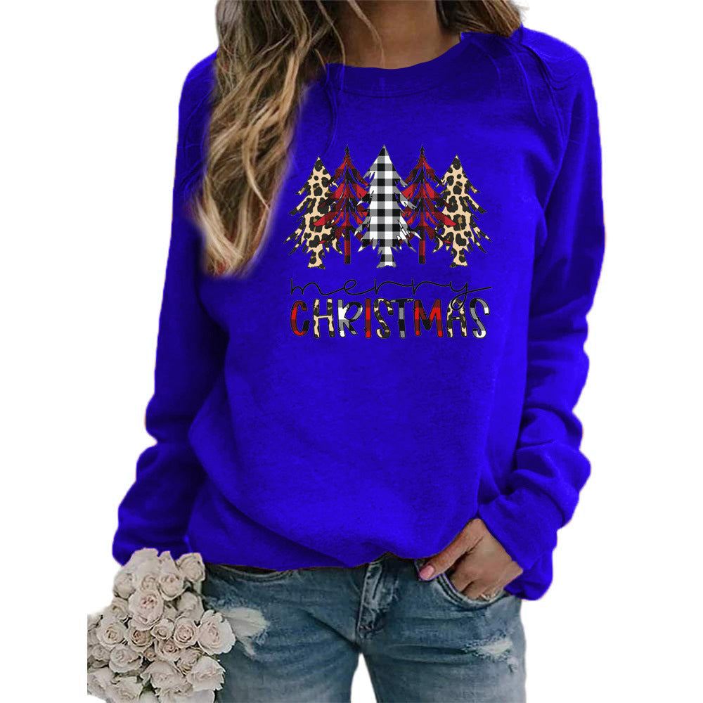 Leopard Red Plaid Christmas Tree Merry Christmas Print Round Neck European and American Women's Autumn and Winter Sweat